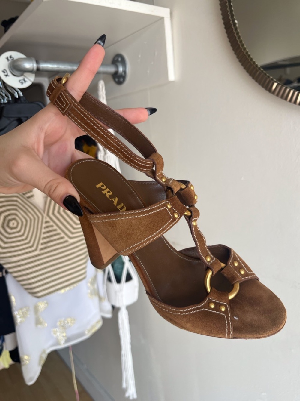 Prada Brown Suede T-Strap Block Heel Sandals with Gold Rings - Picture 2 of 7